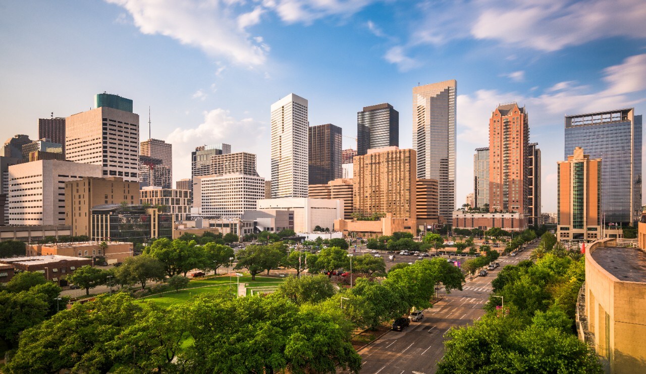 Houston, Texas, USA downtown city park and skyline.